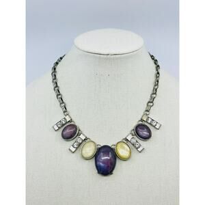 Womens Statement Necklace Iridescent Purple Yellow Cabochon Silver Tone Jewelry